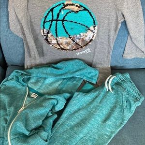 BTS Girls Outfit Sz 10/12 jogger, zip hoody, reverse sequin top basketball EUC